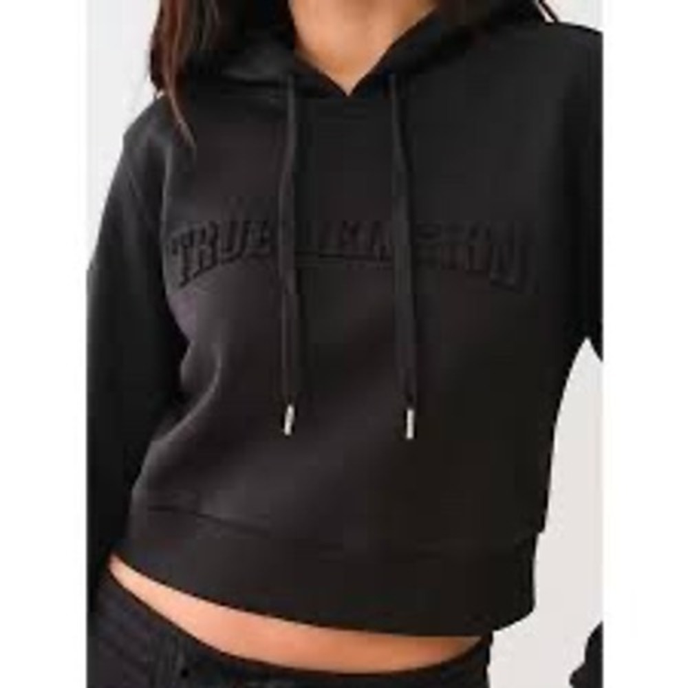 True Religion Womens TR Emboss Pullover Hoodie Jet Black Cropped 600180 Medium